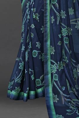 Dark Blue Prachi Georgette silk bland all over printed & Lace Border saree with Blouse 4