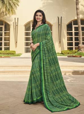 Green Prachi Georgette silk bland all over printed & Lace Border saree with Blouse 1