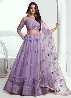 LAVENDER NET FABRIC LAHENGA WITH SEQUINS AND THREAD EMBROIDERY WORK 1