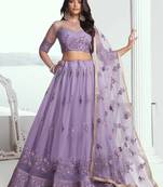 LAVENDER NET FABRIC LAHENGA WITH SEQUINS AND THREAD EMBROIDERY WORK