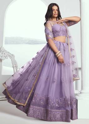 LAVENDER NET FABRIC LAHENGA WITH SEQUINS AND THREAD EMBROIDERY WORK 3