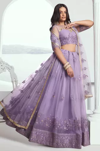 LAVENDER NET FABRIC LAHENGA WITH SEQUINS AND THREAD EMBROIDERY WORK