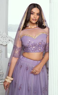 LAVENDER NET FABRIC LAHENGA WITH SEQUINS AND THREAD EMBROIDERY WORK 4