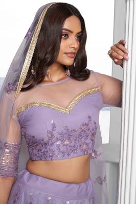 LAVENDER NET FABRIC LAHENGA WITH SEQUINS AND THREAD EMBROIDERY WORK 5