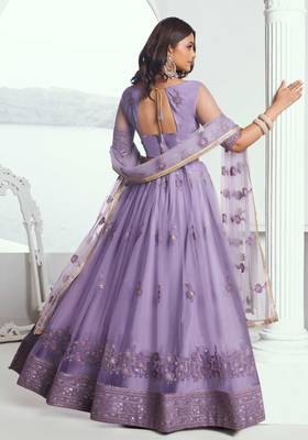 LAVENDER NET FABRIC LAHENGA WITH SEQUINS AND THREAD EMBROIDERY WORK 6