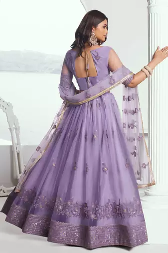 LAVENDER NET FABRIC LAHENGA WITH SEQUINS AND THREAD EMBROIDERY WORK