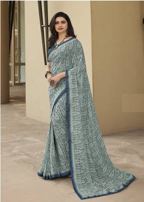 Grey Prachi Georgette silk bland all over printed & Lace Border saree with Blouse 1
