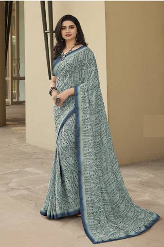 Grey Prachi Georgette silk bland all over printed & Lace Border saree with Blouse