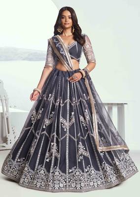 DARK GREY NET FABRIC LAHENGA WITH SEQUINS AND THREAD EMBROIDERY WORK 1