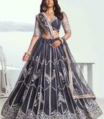 DARK GREY NET FABRIC LAHENGA WITH SEQUINS AND THREAD EMBROIDERY WORK