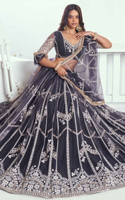 DARK GREY NET FABRIC LAHENGA WITH SEQUINS AND THREAD EMBROIDERY WORK 3