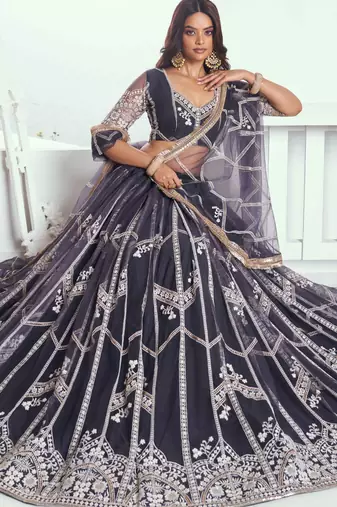 DARK GREY NET FABRIC LAHENGA WITH SEQUINS AND THREAD EMBROIDERY WORK