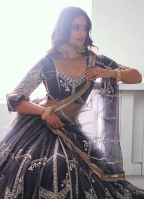 DARK GREY NET FABRIC LAHENGA WITH SEQUINS AND THREAD EMBROIDERY WORK 4