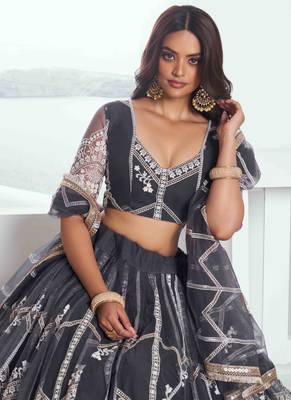 DARK GREY NET FABRIC LAHENGA WITH SEQUINS AND THREAD EMBROIDERY WORK 5