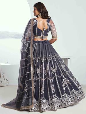 DARK GREY NET FABRIC LAHENGA WITH SEQUINS AND THREAD EMBROIDERY WORK 6