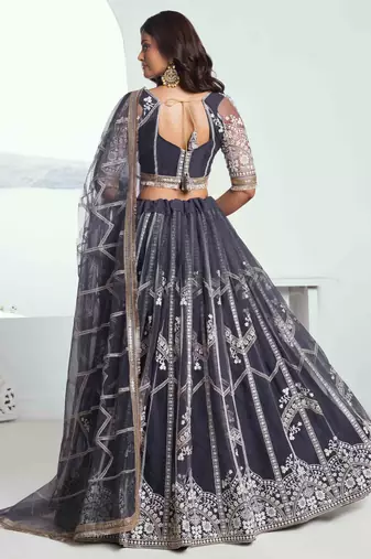 DARK GREY NET FABRIC LAHENGA WITH SEQUINS AND THREAD EMBROIDERY WORK