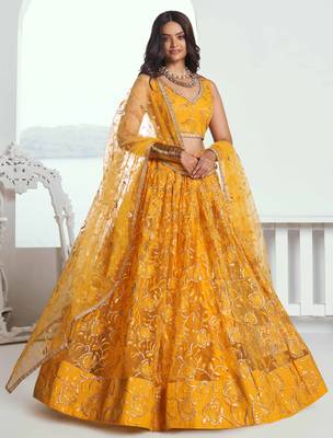 YELLOW NET FABRIC LAHENGA WITH SEQUINS AND THREAD EMBROIDERY WORK 1