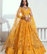 YELLOW NET FABRIC LAHENGA WITH SEQUINS AND THREAD EMBROIDERY WORK