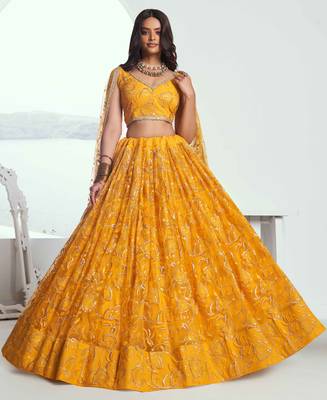 YELLOW NET FABRIC LAHENGA WITH SEQUINS AND THREAD EMBROIDERY WORK 3