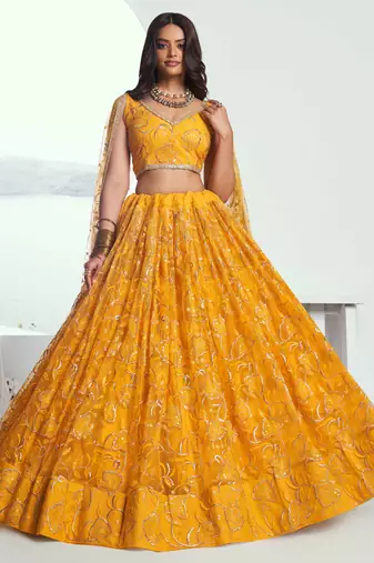 YELLOW NET FABRIC LAHENGA WITH SEQUINS AND THREAD EMBROIDERY WORK