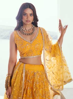 YELLOW NET FABRIC LAHENGA WITH SEQUINS AND THREAD EMBROIDERY WORK 4