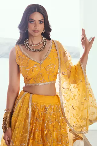 YELLOW NET FABRIC LAHENGA WITH SEQUINS AND THREAD EMBROIDERY WORK