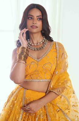 YELLOW NET FABRIC LAHENGA WITH SEQUINS AND THREAD EMBROIDERY WORK 5
