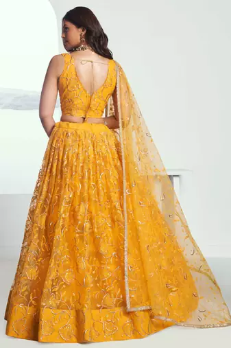YELLOW NET FABRIC LAHENGA WITH SEQUINS AND THREAD EMBROIDERY WORK