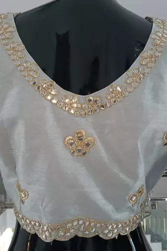Glamorous Grey Zari with paper mirror Embroidered Net fabric lehenga choli