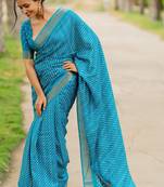 Turquoise blue silk blend stripes leheriya print golden zari border saree