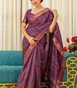 Magenta purple silk blend stripes leheriya print golden zari border saree
