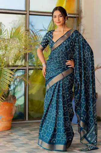 Rama blue silk blend bandhani print block print golden zari border saree