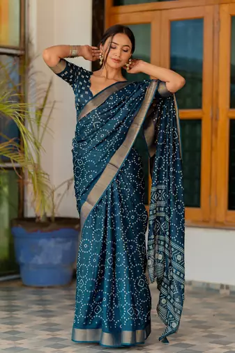 Rama blue silk blend bandhani print block print golden zari border saree