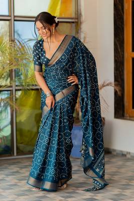 Rama blue silk blend bandhani print block print golden zari border saree 1