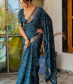 Rama blue silk blend bandhani print block print golden zari border saree