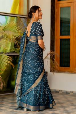 Rama blue silk blend bandhani print block print golden zari border saree 5