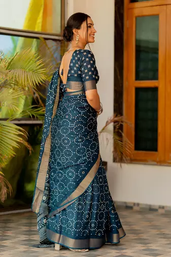 Rama blue silk blend bandhani print block print golden zari border saree