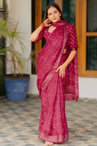 Rani pink silk blend bandhani print block print golden zari border saree