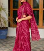 Rani pink silk blend bandhani print block print golden zari border saree