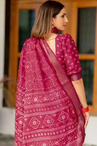 Rani pink silk blend bandhani print block print golden zari border saree
