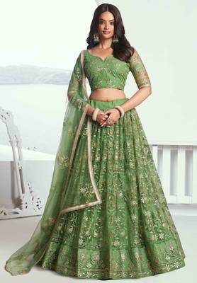 PISTA GREEN NET FABRIC LAHENGA WITH SEQUINS AND THREAD EMBROIDERY WORK 1