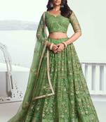 PISTA GREEN NET FABRIC LAHENGA WITH SEQUINS AND THREAD EMBROIDERY WORK