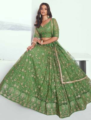 PISTA GREEN NET FABRIC LAHENGA WITH SEQUINS AND THREAD EMBROIDERY WORK 3