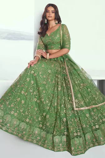 PISTA GREEN NET FABRIC LAHENGA WITH SEQUINS AND THREAD EMBROIDERY WORK