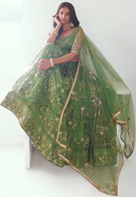 PISTA GREEN NET FABRIC LAHENGA WITH SEQUINS AND THREAD EMBROIDERY WORK 5