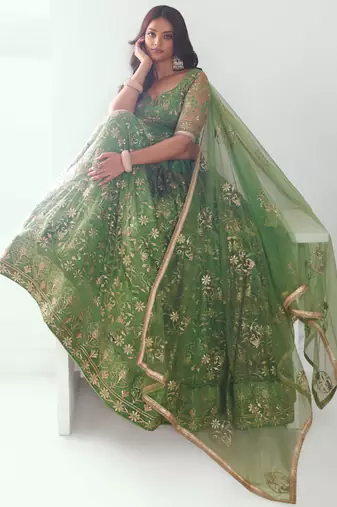 PISTA GREEN NET FABRIC LAHENGA WITH SEQUINS AND THREAD EMBROIDERY WORK