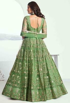 PISTA GREEN NET FABRIC LAHENGA WITH SEQUINS AND THREAD EMBROIDERY WORK 6