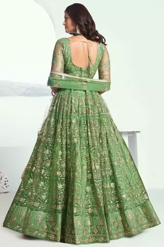 PISTA GREEN NET FABRIC LAHENGA WITH SEQUINS AND THREAD EMBROIDERY WORK
