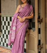 Dusty pink silk blend stripes leheriya print golden zari border saree