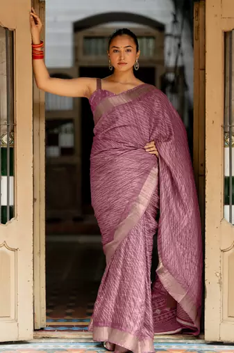Dusty pink silk blend polka dots stripes print golden zari border saree